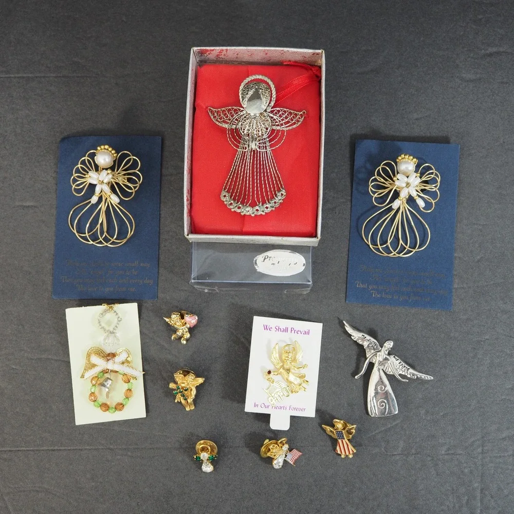 Vintage Angel Pin Brooch Lot Gold Silver Tones Ornaments Religious Holiday USA